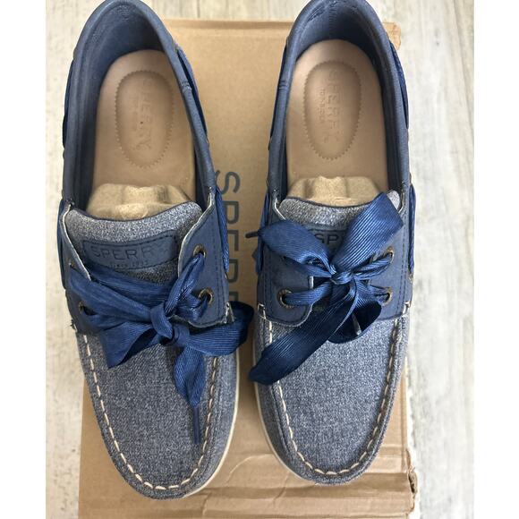 Sperry womens 7.5 Koifish sparkle canvas boat shoe loafer ribbon lace up leahter - Picture 3 of 7